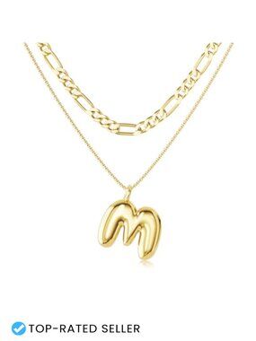 18K Gold Plated Bubble Letter Initial Necklace Set with CZ Pendant
